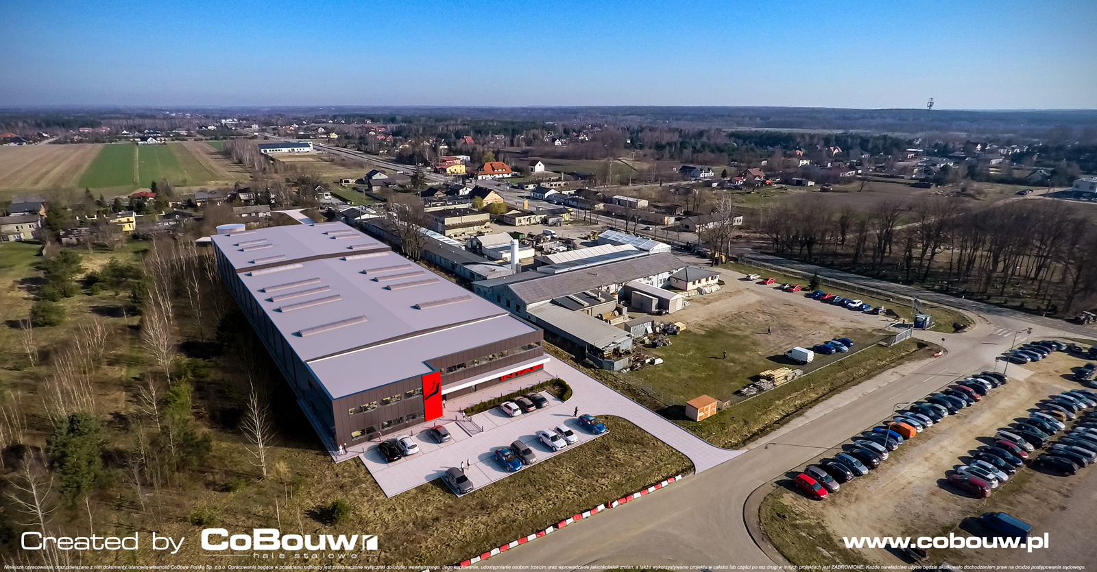Intap investment, visualization of bird's eye view - production and warehouse space with an office building, Bukowiec, lodzkie province