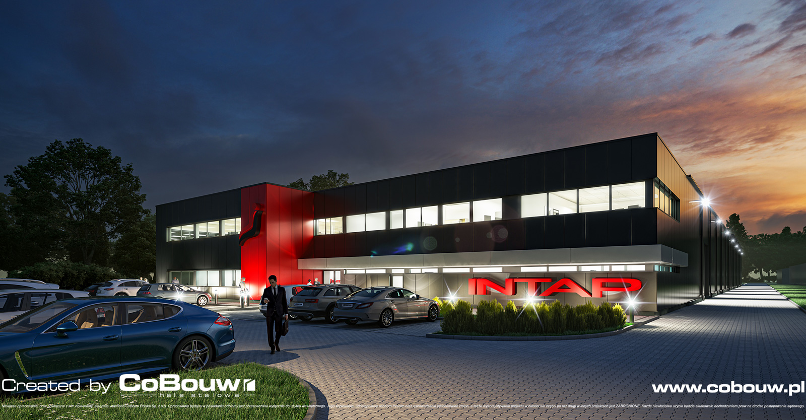 night view, visualization of the Intap investment - industrial facility for a bus seats manufacturer, Bukowiec, lodzkie province