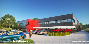 visualization of the Intap investment, general view - the construction of a industrial building with a commercial office in Bukowiec, lodzkie province