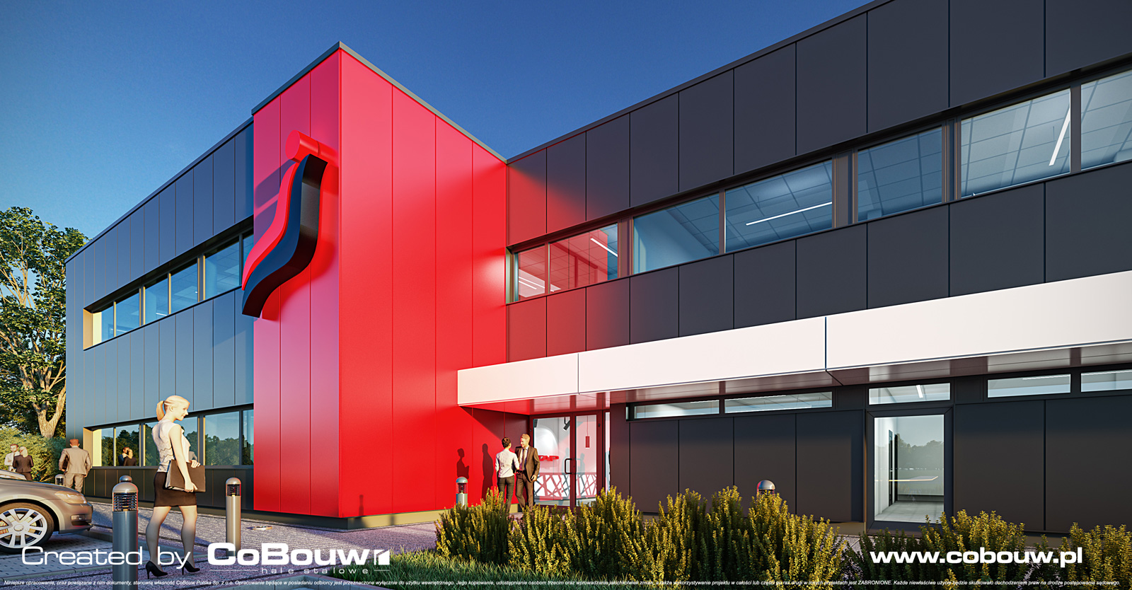 close-up on office part, visualization - construction of production-warehouse space with a commercial building, by CoBouw Polska, in Bukowiec near Lodz